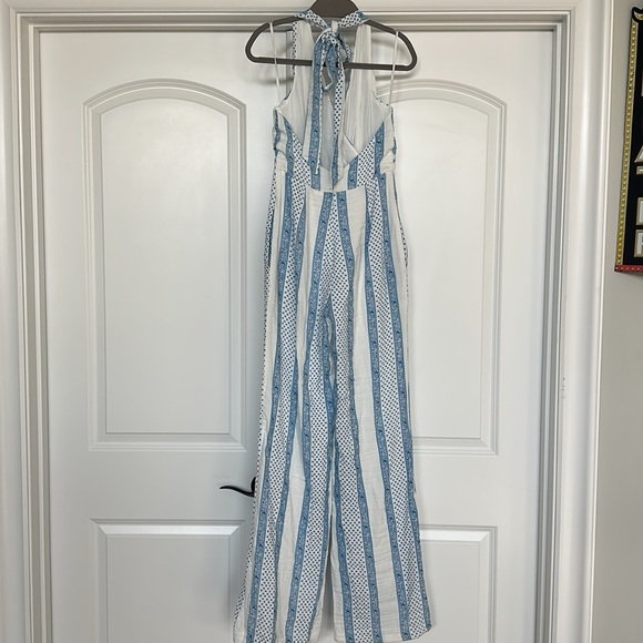 Line and Dot Boho White and Blue Halter JumpSuit - Picture 5 of 13